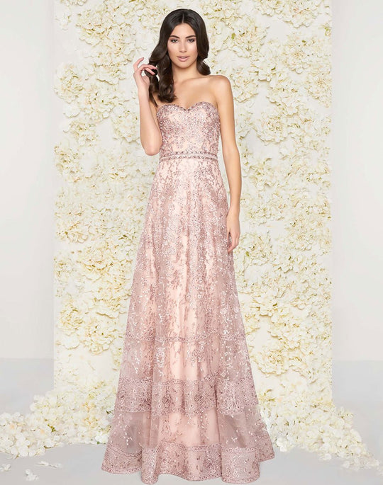 Mac Duggal Couture - 50420D Strapless Sheer Floral Lace Evening Gown in Pink