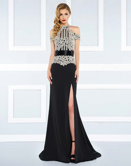 Mac Duggal Black White Red - 62864R Floridly Ornate High Neck Gown in Black