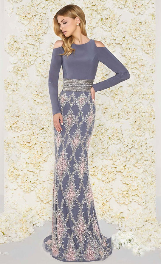 Mac Duggal Couture - 77215D Long Sleeve Cold Shoulder Evening Dress in Gray