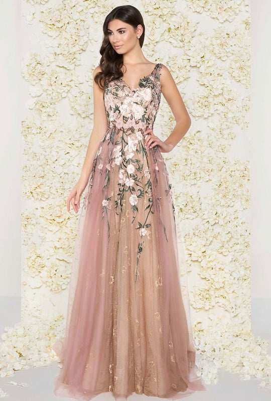 Mac Duggal Couture - 77283D V-Neck Floral Applique Evening Dress in Pink