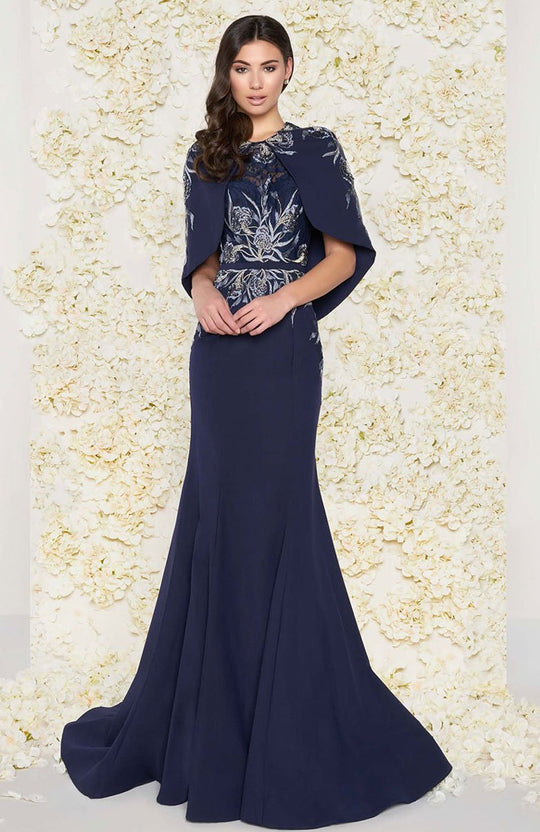 Mac Duggal Couture - 79133D Capelet Floral Embroidered Evening Gown in Blue