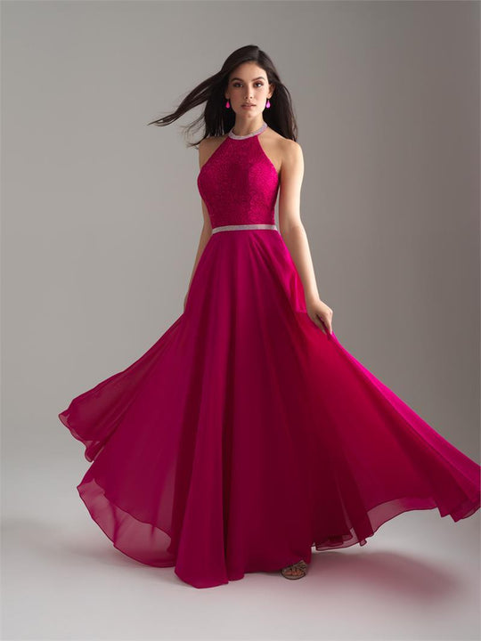 Madison James - 18-621 Beaded Halter Neck Lace and Chiffon Gown In Pink