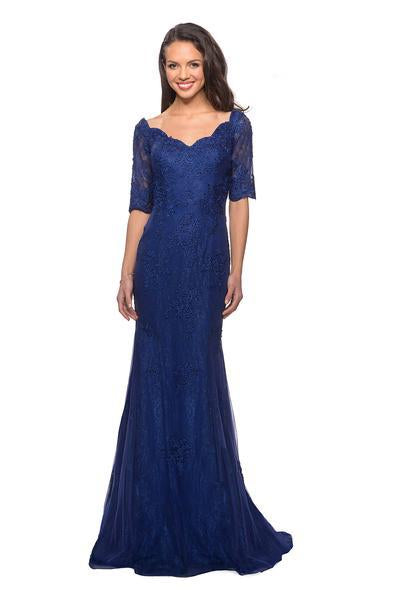 La Femme - 26943 Bedazzled Curve V-neck Trumpet Dress In Blue