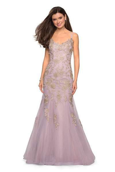 La Femme - 27710 Floral Lace V-neck Mermaid Dress With Train In Pink and Gold