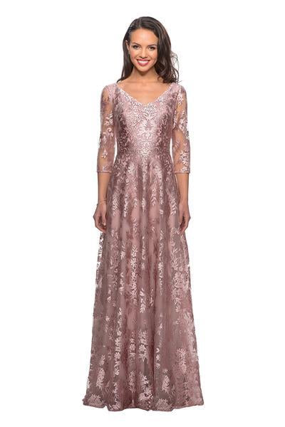 La Femme - 27861 Sheer Quarter Sleeve Lace A-Line Gown In Pink