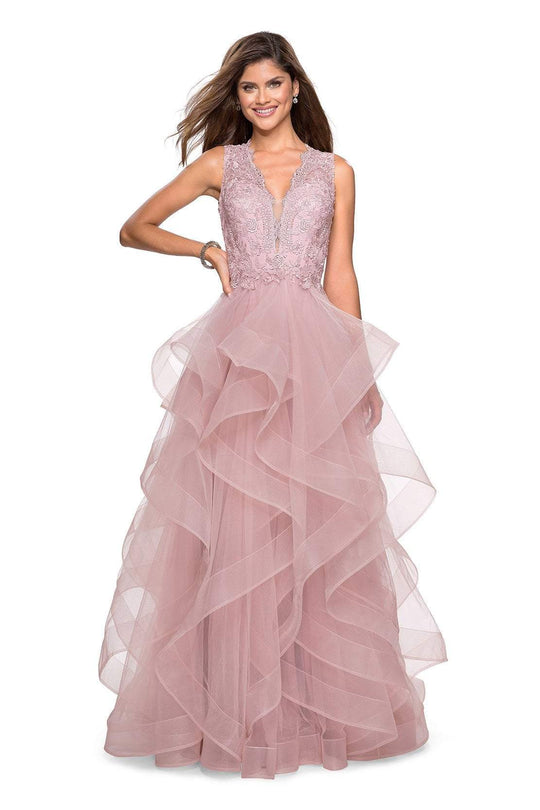 La Femme - 27570 Plunging V-Neck Layered A-Line Dress in Pink