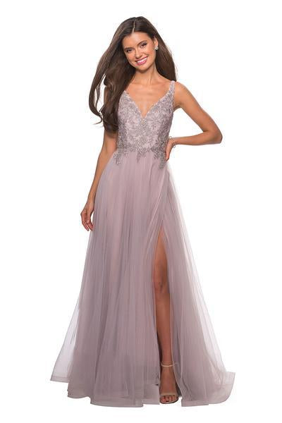 La Femme - 27676 Sleeveless Lace Appliqued Long Tulle Gown In Pink