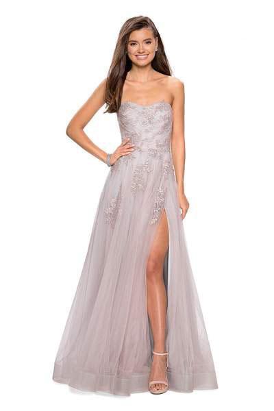 La Femme - 27803 Strapless Floral Embellished Tulle A-line Dress In Purple and Silver