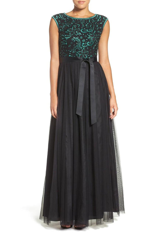 Aidan Mattox - Cap Sleeves Long Dress MD1E200258 in Black and Green