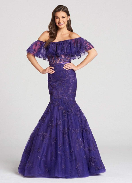 Ellie Wilde - EW118110 Off Shoulder Illusion Corset Trumpet Gown In Purple