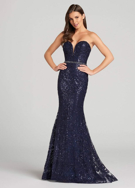 Ellie Wilde - EW118171 Strapless Embroidered Lace Mermaid Gown In Blue