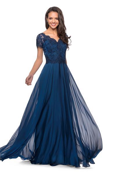 La Femme - 27098 Embordered Lace Bodice Chiffon A- Line Gown In Blue
