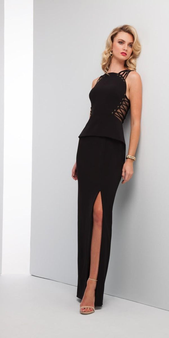 Mignon - Lace Up Long Gown VM1718 in Black