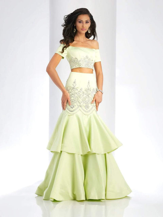 Clarisse - 4915 Off-Shoulder Two-Piece Tiered Trumpet Gown in Green