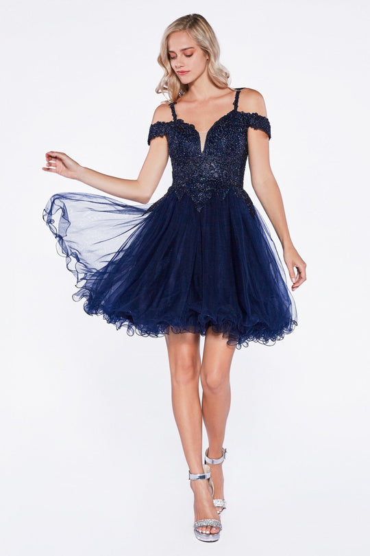 Cinderella Divine - ML925 Beaded Lace Tulle A-line Gown In Blue