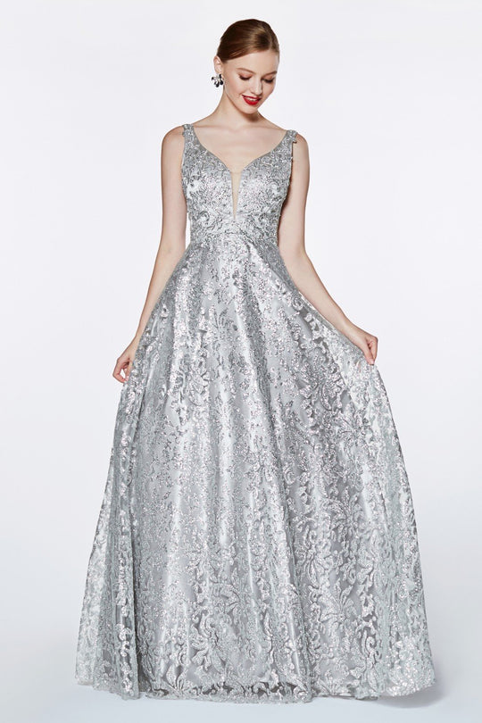 Cinderella Divine - ML929 Floral Glitter Plunging V-Neck Gown In Silver