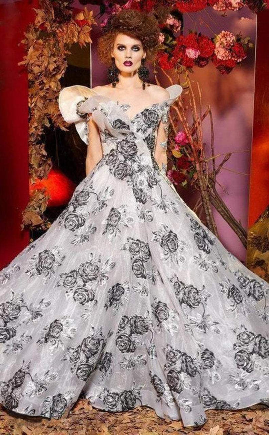 MNM Couture - 2419 Floral Accented Long Sleeve Off-Shoulder Ballgown In White