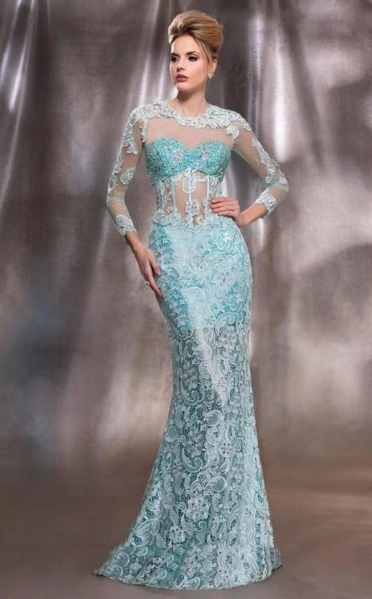 MNM Couture - 9110W Embroidered Illusion Jewel Lace Trumpet Gown In Blue