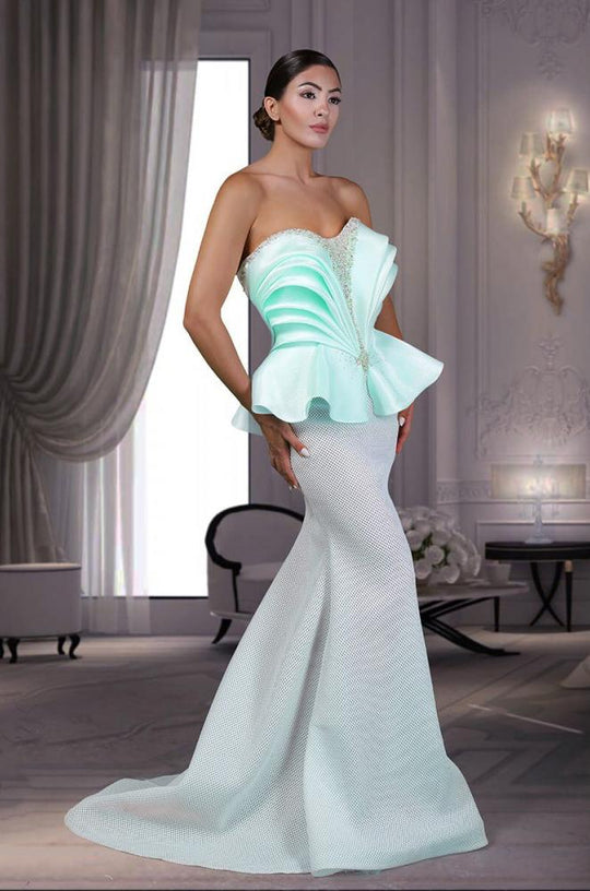 MNM Couture - K3531 Tiered Peplum Trumpet Gown In Blue and Green