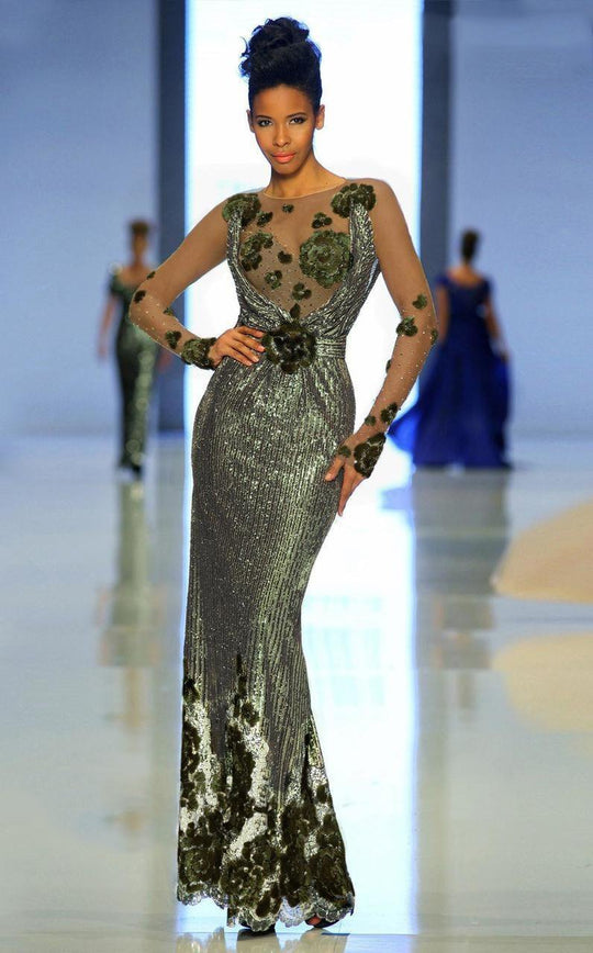 MNM Couture - 2125 Fantasy Glimmering Illusion Column Gown in Green