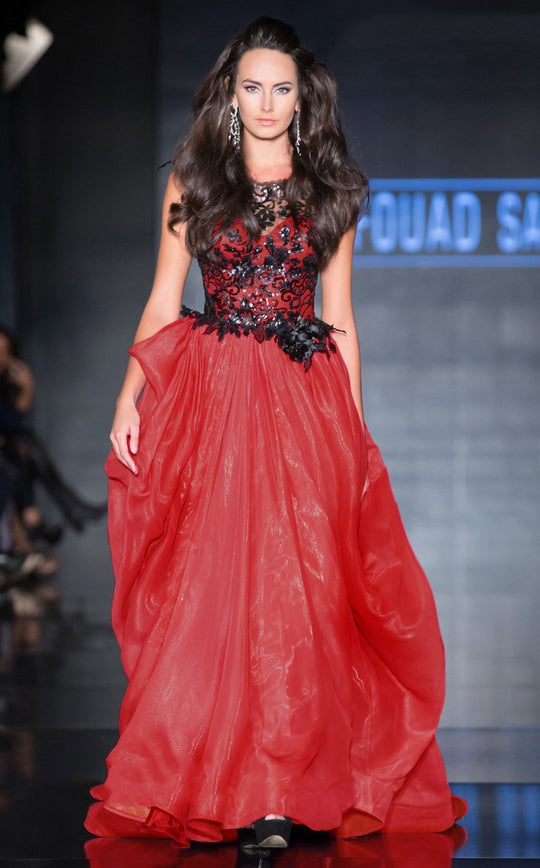 MNM Couture - 2202 Lace Floral Printed Long Gown in Black and Red