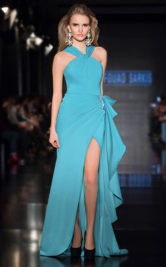 MNM Couture - 2245 Sleeveless Ruched Long Gown with slit in Blue