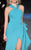 MNM Couture - 2245 Sleeveless Ruched Long Gown with slit in Blue