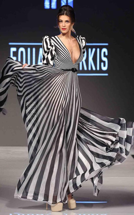 MNM Couture - 2274 Plunging Puffed Long Sleeves Long Gown in Black and White