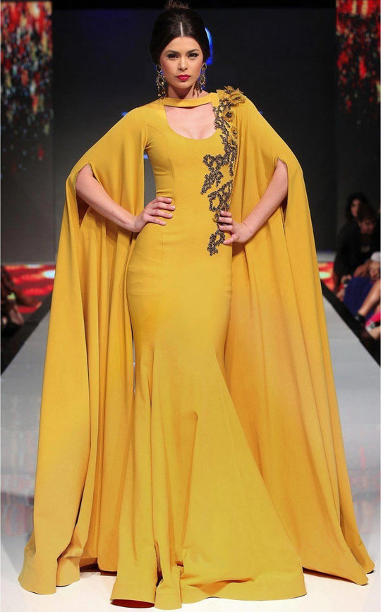 MNM Couture - 2290 Embellished High Neck Trumpet Dress in Yellow