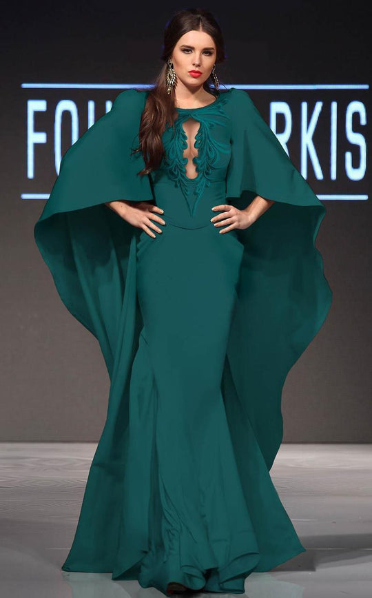 MNM Couture - 2299 Cape Clad Cutout Evening Gown in Green