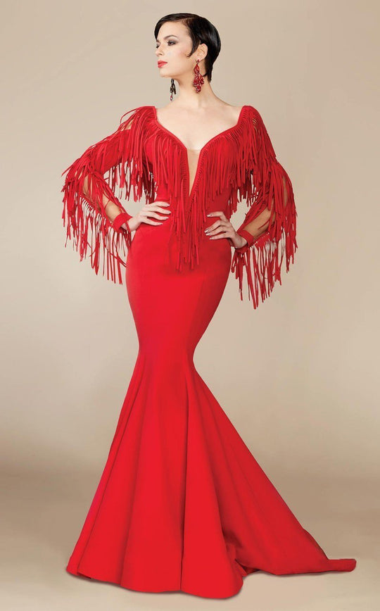 MNM Couture - 2340 Fringe Deep V-neck Mermaid Dress in Red