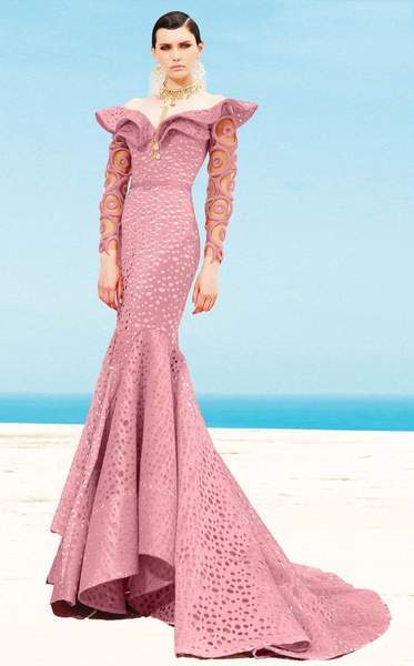 MNM COUTURE - Ruffle Off-Shoulder Laser Cut Mermaid Gown 2345 - Pink