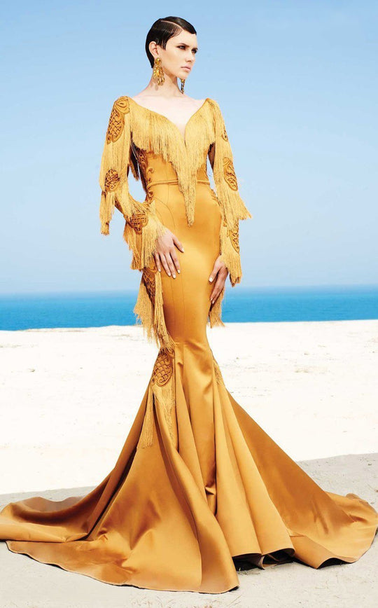 MNM Couture - 2350 Embroidered V-neck Mermaid Dress in Gold