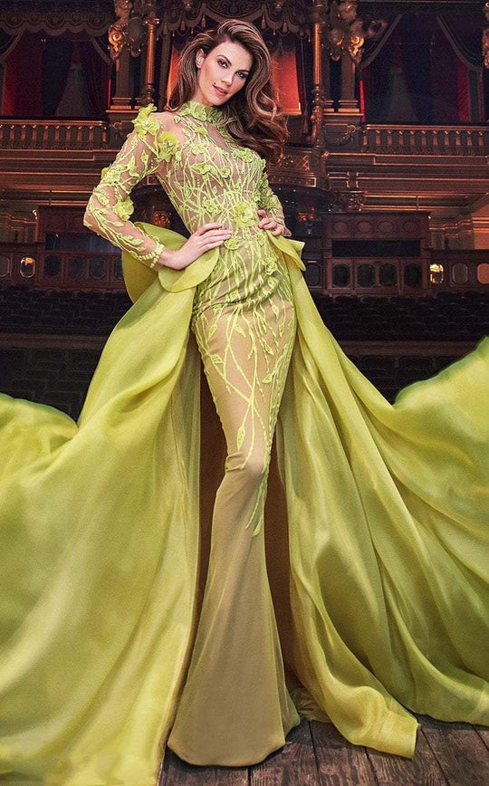 MNM Couture - 2358 Embroidered Illusion High Neck A-Line Dress in Green