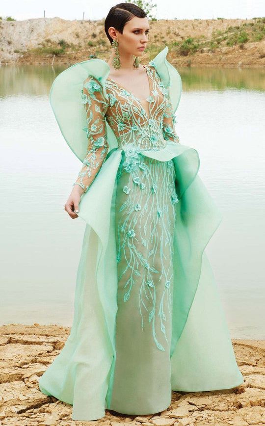 MNM Couture - 2359 Floral V-Neck Column Dress in Green