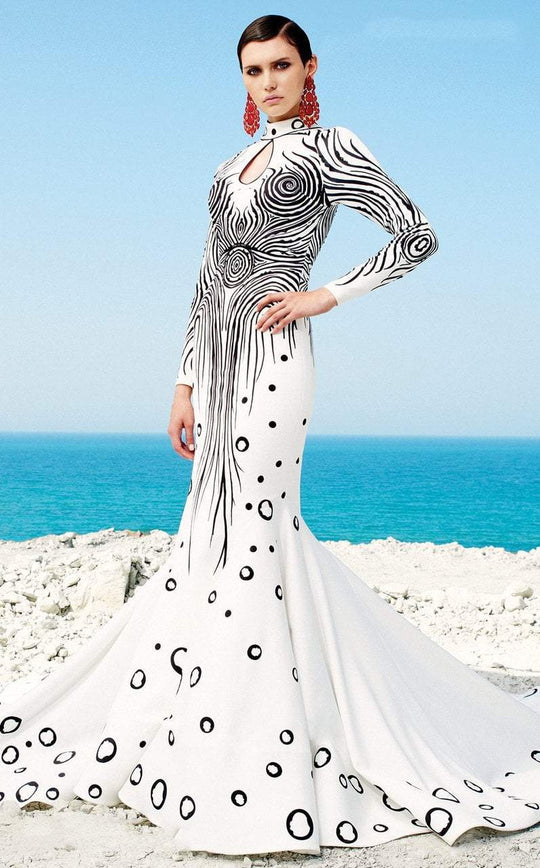 MNM Couture - 2362 Swirl Patterned Couture Long Dress in White and Black