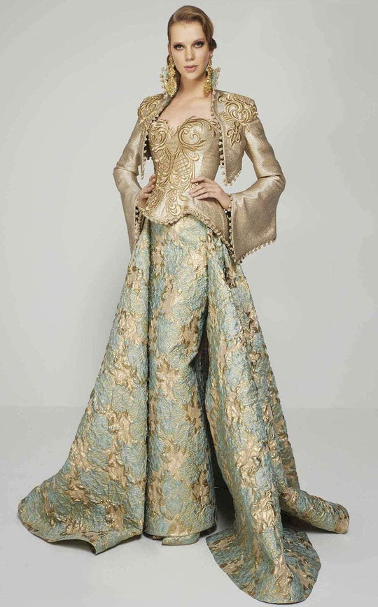 MNM Couture - 2367 Gilded Strapless Sweetheart Embroidered Long Gown in Gold and Green