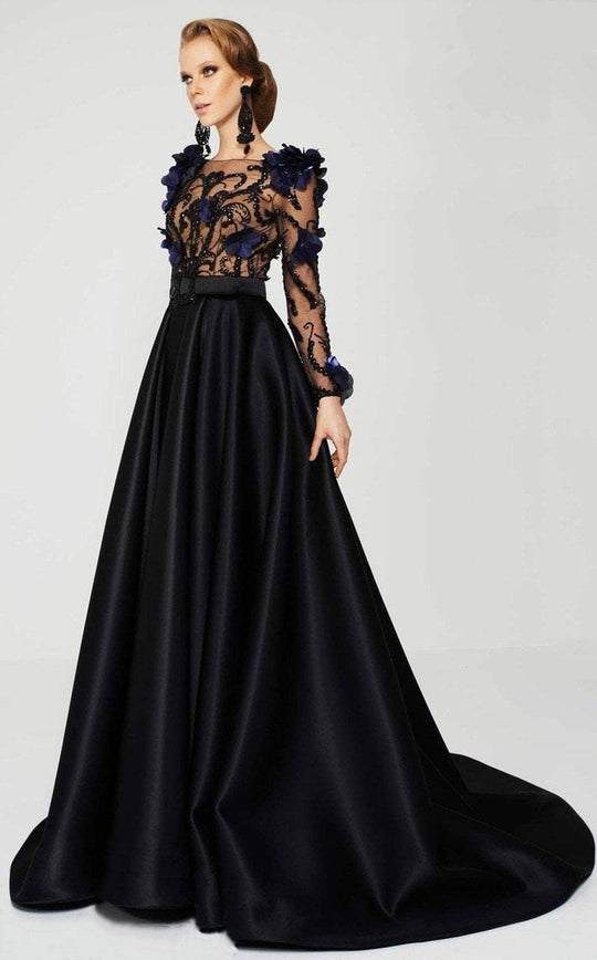 MNM Couture - 2376 Sheer Floral Embellished A-line Dress in Purple and Black