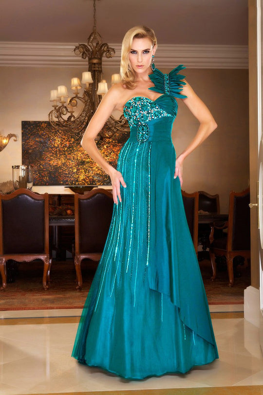 MNM Couture - 6633 Feather Accented A-line Dress In Green