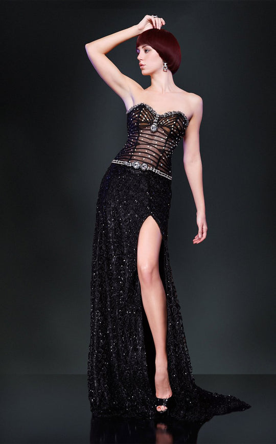 MNM Couture - 7989 Sparkling Sweetheart Sheer Corset Gown in Black