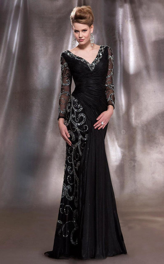 MNM Couture - 8997 Beaded V Neck Long Sleeves Trumpet Gown in Black