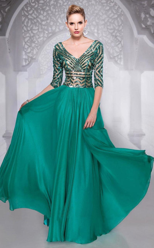 MNM Couture - 8998 Captivating Sequined Quarter Sleeves Evening Gown  in Green