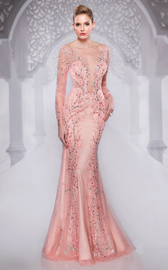 MNM Couture - 9555W Crystal Embellished Long Sleeves Trumpet Gown in Pink