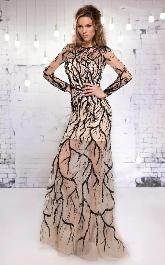 MNM Couture - 9556 Beaded Illusion Jewel Sheath Dress in Black and Neutral