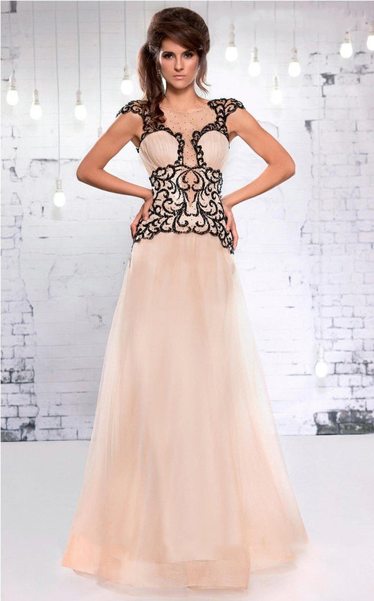 MNM Couture - 9560 Bedazzled Illusion Bateau A-line Dress in Neutral and Black