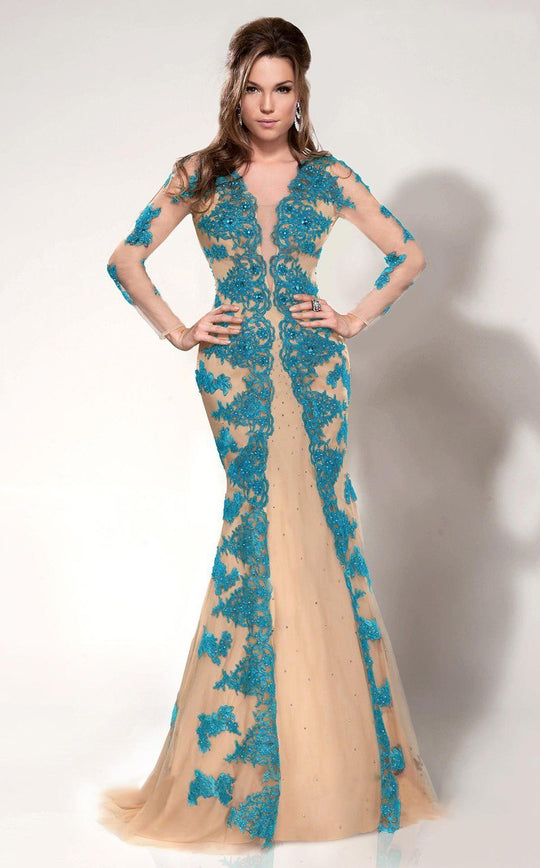 MNM Couture - 9582 Lace V-neck Mermaid Dress in Neutral and Blue