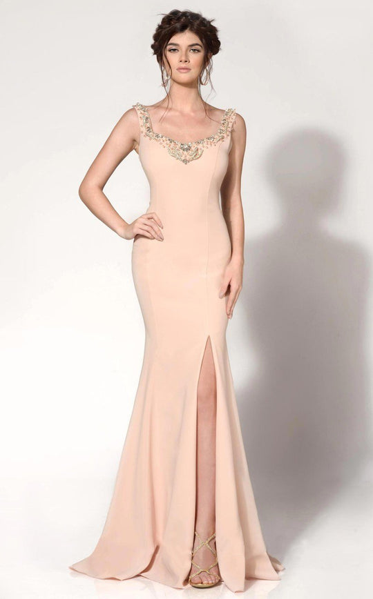MNM Couture - C1205 Bedazzled V-neck Trumpet Dress in Pink