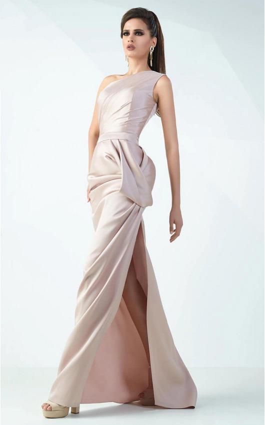 MNM Couture - G0705 Ruched One Shoulder Sheath Dress in Neutral