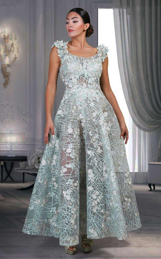 MNM Couture - K3540 Sleeveless Floral Scoop Pleated Long Gown in Blue