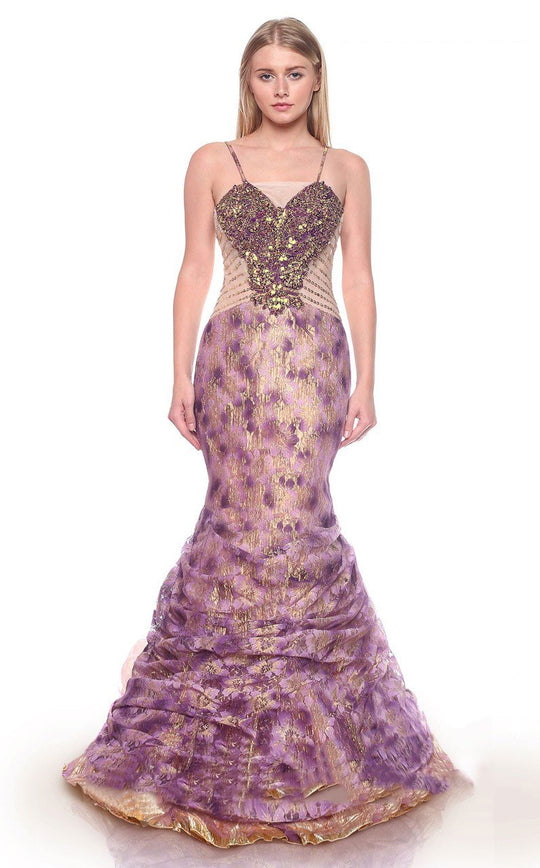 MNM Couture - KH073 Beads and Rhinestone Embellished Mermaid Gown in Purple